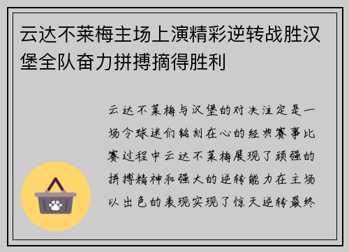 云达不莱梅主场上演精彩逆转战胜汉堡全队奋力拼搏摘得胜利